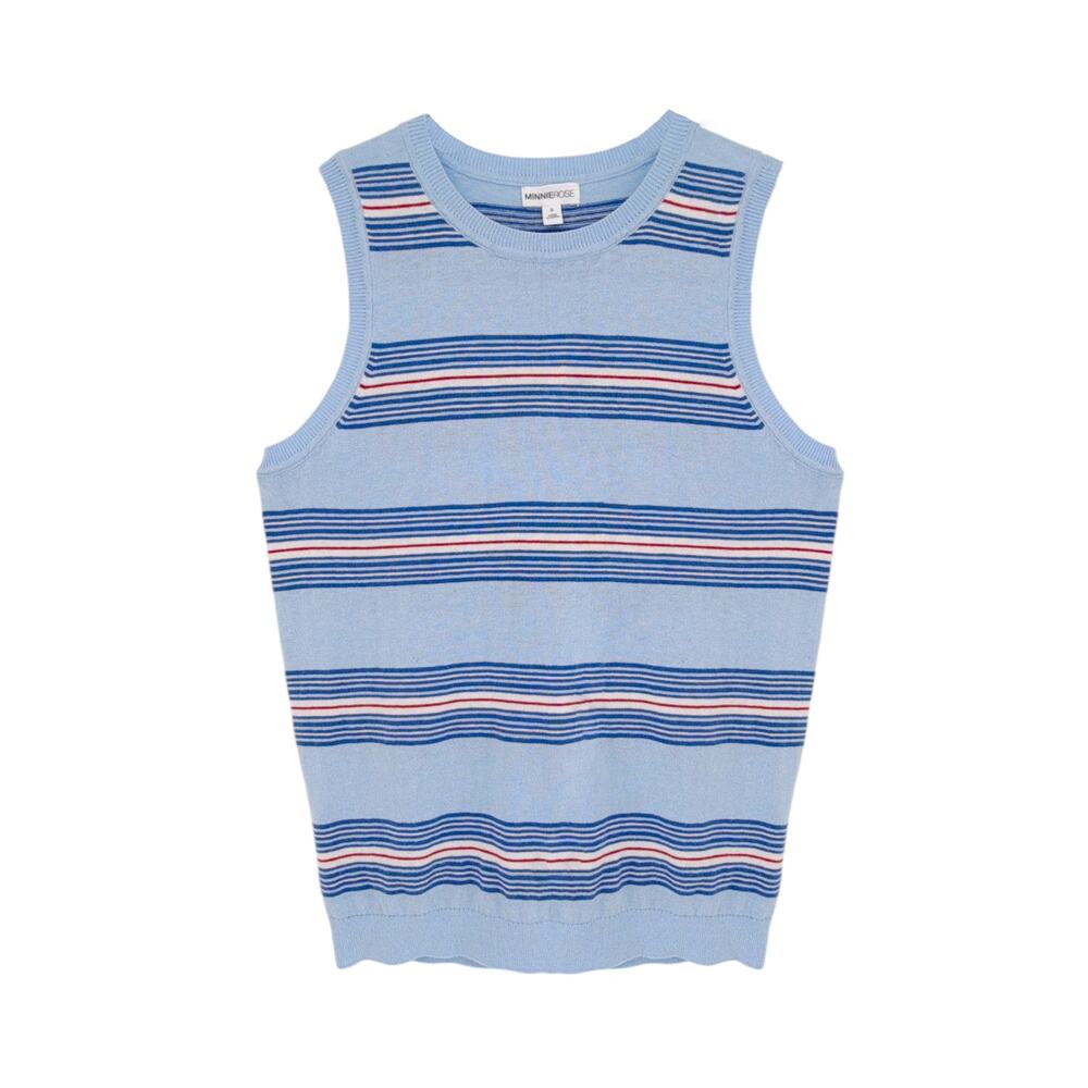 MINNIE ROSE Cotton Cashmere Striped Crew Neck Tank in Sky Blue Combo S